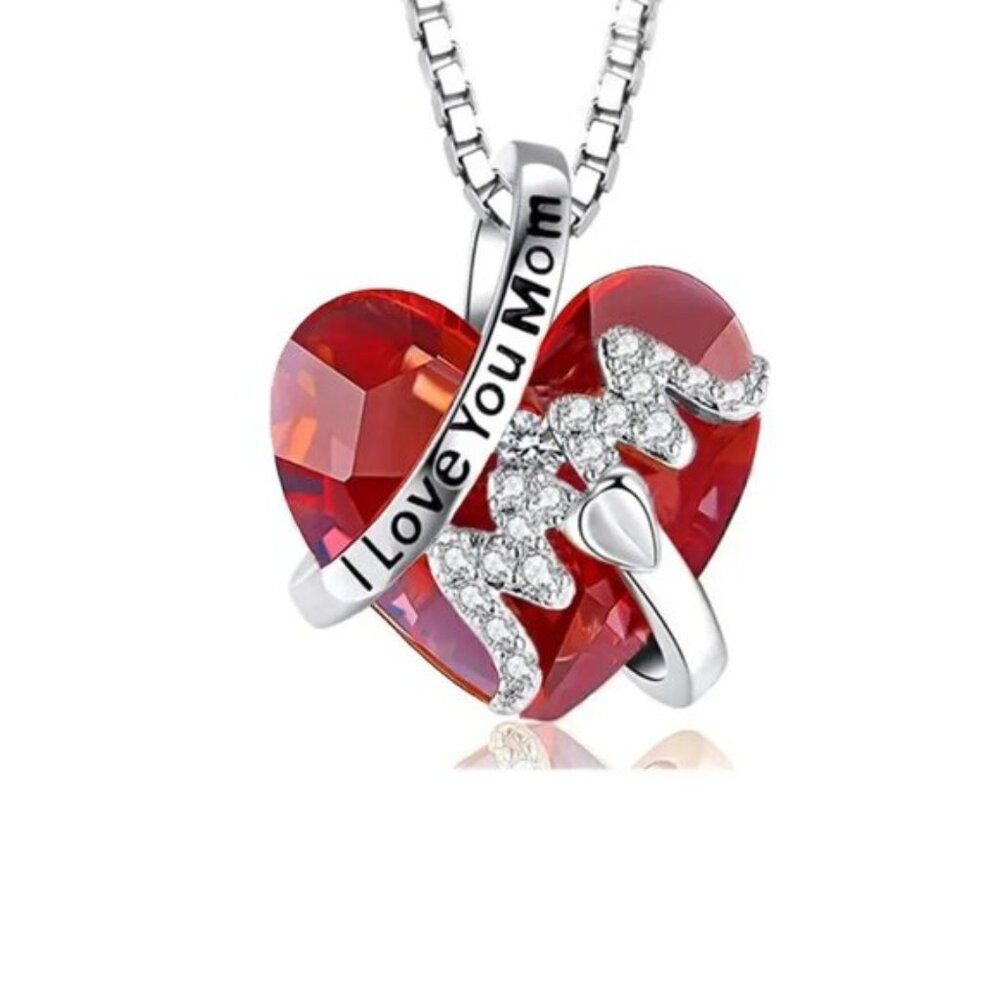 Heart Mom Pendant Necklace I Love You Mom Red Crystal Silver Jewelry Gift